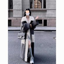 毛领过膝长款拼水貂绒毛毛感开衫毛衣春夏宽松慵懒风外套加厚