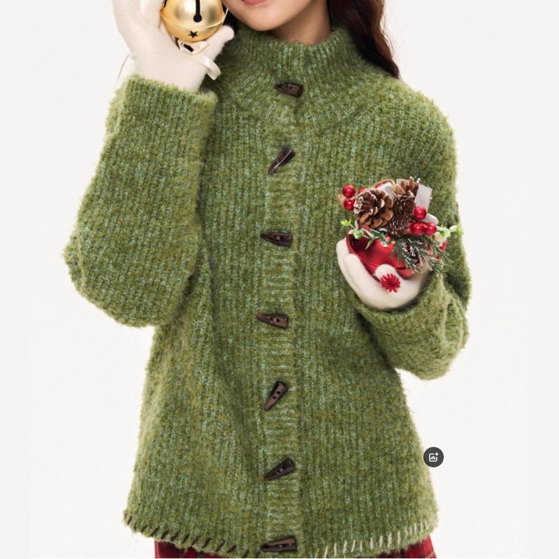 Christmas Green Circle Yarn Thick Needle Contrasting Color Hand Embroidered Trim Thick Lazy Silhouette Sweater Jacket