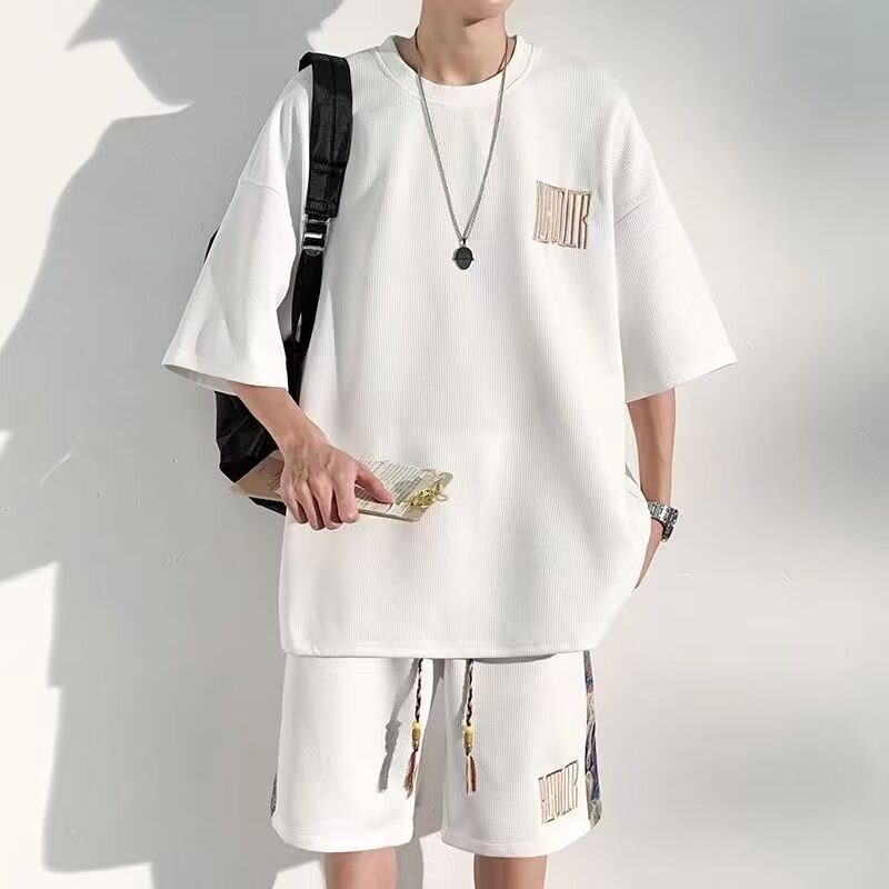 Camisas menos ropa verano nuevo estilo traje de moda nacional moda masculina holgada deportes casuales pantalones cortos de manga corta traje de dos piezas