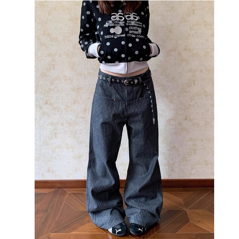 [Exclusively for Cross-Border Export] American Retro Stripesd Straight Denim Pants with Wide-Leg Pants for Men and Women