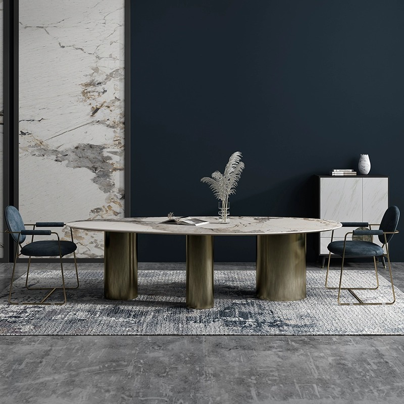 Estilo italiano Luz de lujo gota de agua Placa de roca mesa de comedor moderno diseñador simple pequeño apartamento casa Pandora mesa de comedor ovalada