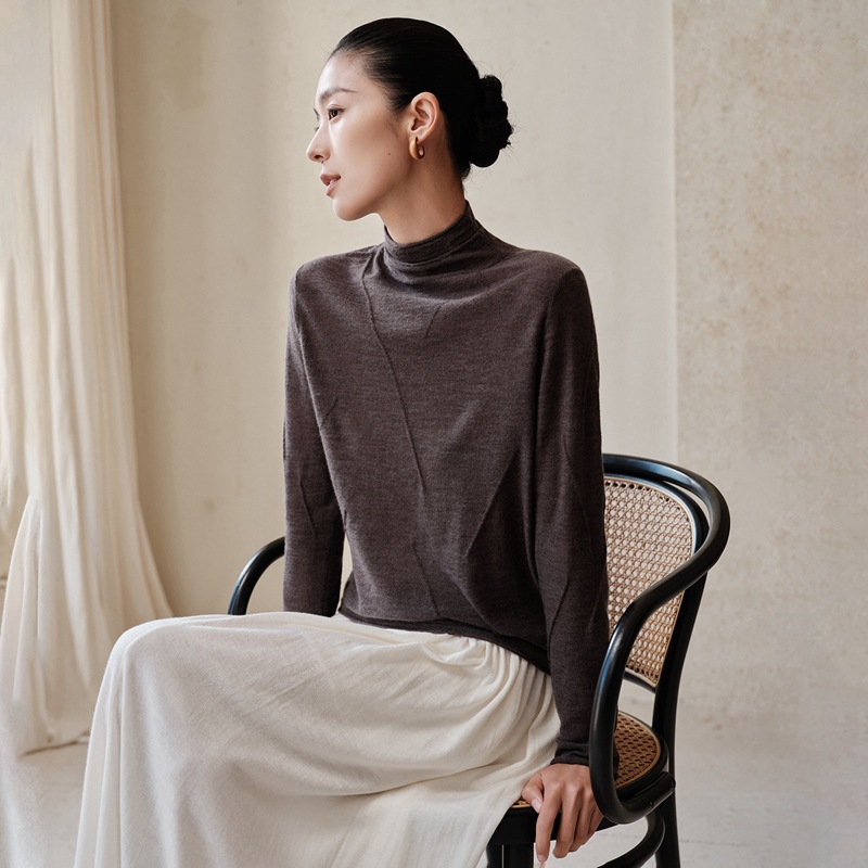 100%纯山羊绒80支精仿女士中领卷边时尚气质简约风羊绒衫百搭打底