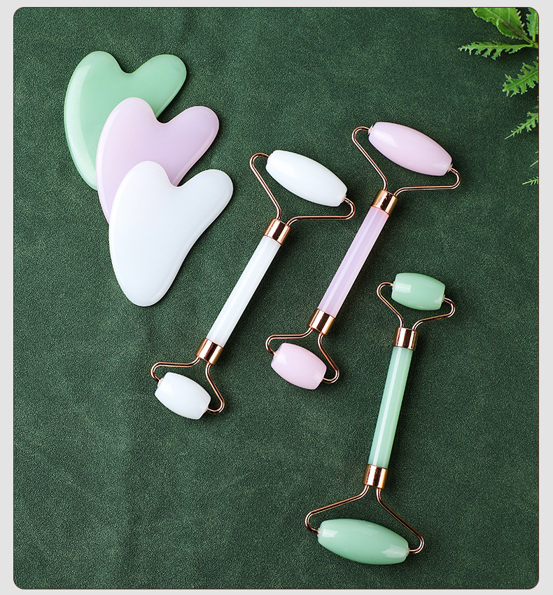 Rose Quartz Gua Sha Facial Tool Set with Roller Massage Board for Face Sculpting and Skincare details