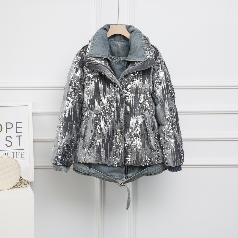 Korean Style 2025 New Short Thickeneded down Jacket Women's Sequined Denim Splicing Fake Two-Piece White Duck down Warm Jacket