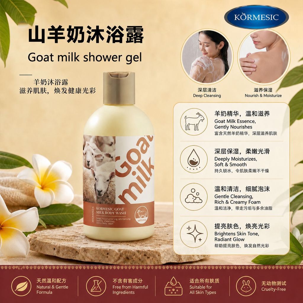 KORMESIC leche de cabra gel de ducha Inglés gran volumen fabricante de perfume al por mayor comercio exterior