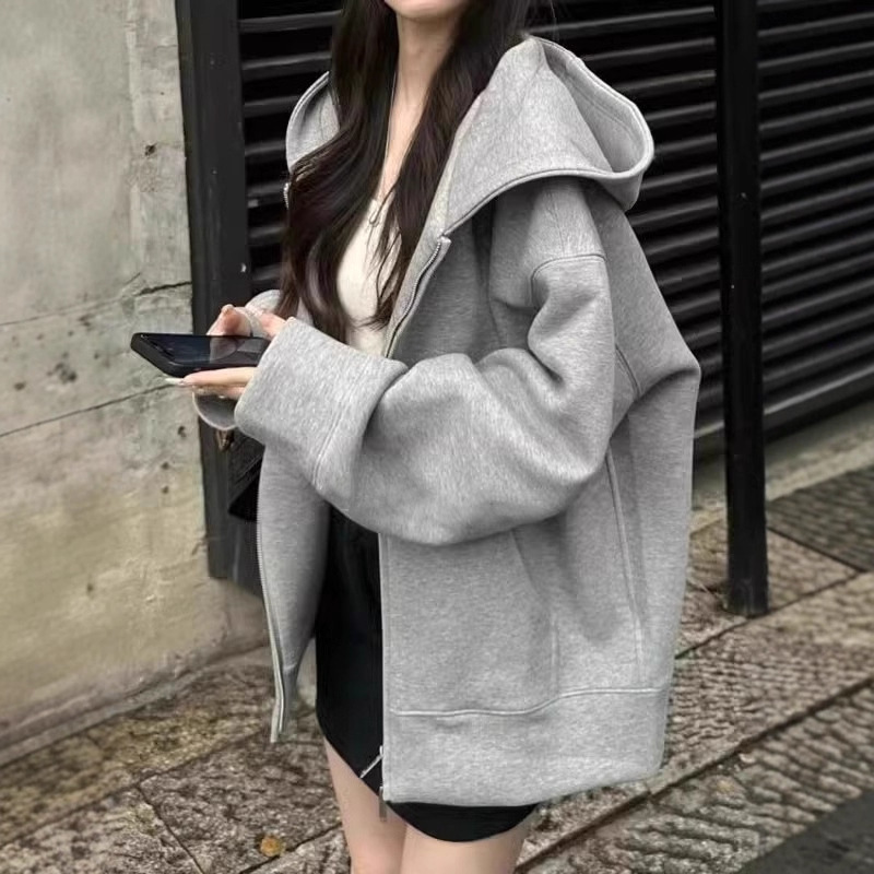 Gray Sweatshirt Jacket for Women 2025 New Early Autum Small Loose Lazy Style Hooded Cardigan Top