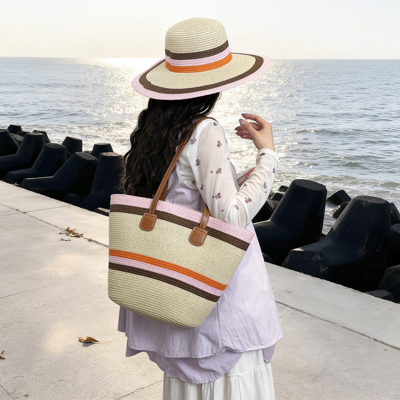 Storage Basket Bag, Rattan Handbag, Woven Shoulder Bag, Handmade Natural Rattan & Seagrass, Leather Trim, Eco-Friendly, Lightweight, Durable For Daily_voghion.com