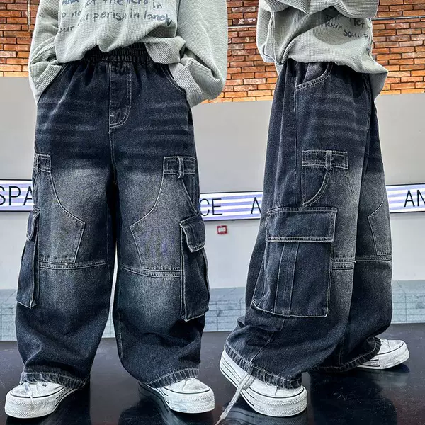 Boys' Cargo Jeans Spring and Autumn New Fashion Stylish Large Pocket Children's Pants Straight Loose Fit