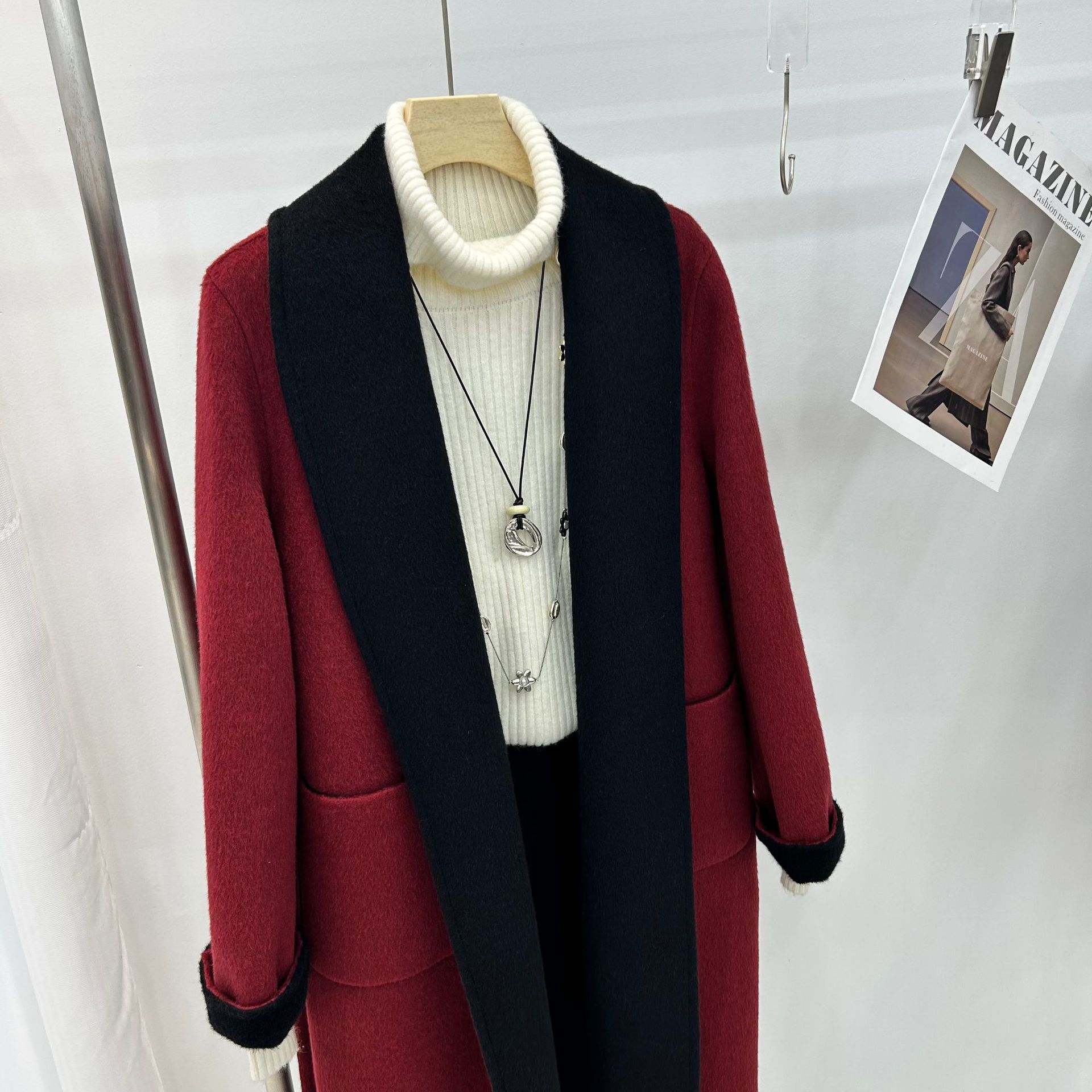 山羊绒安哥拉红小个子过膝中长宽松慵懒双面羊毛外套大衣两面穿女