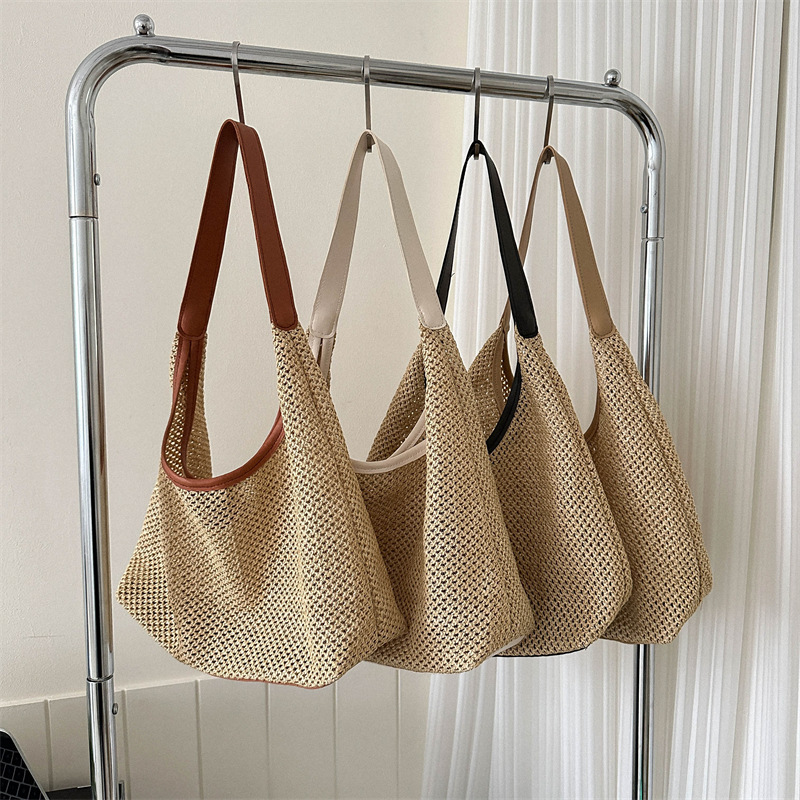 Storage Basket Bag, Rattan Handbag, Woven Shoulder Bag, Handmade Natural Rattan & Seagrass, Leather Trim, Eco-Friendly, Lightweight, Durable For Daily_voghion.com