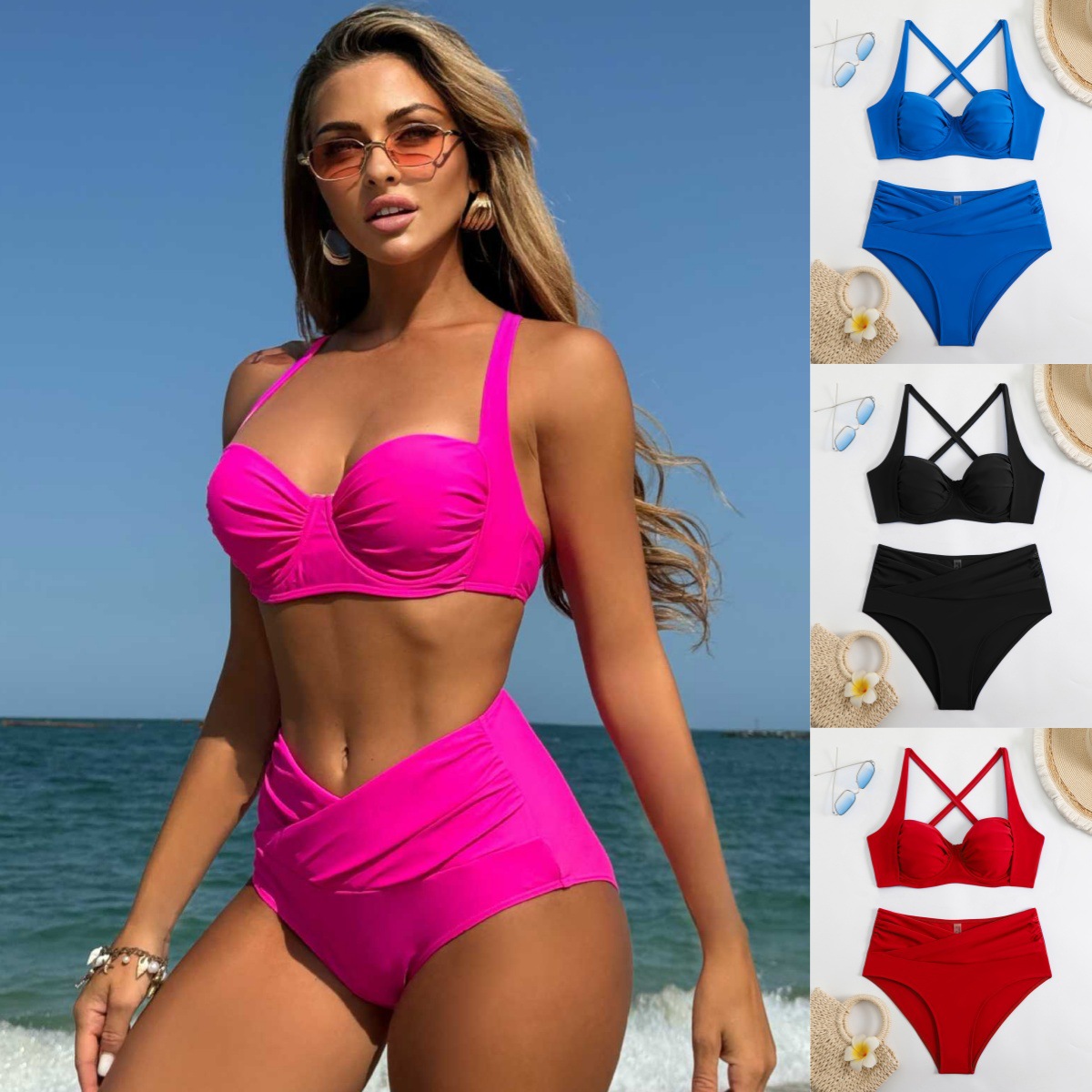 2026 Thickened Two-Piece High-Waisted Tummy-Covering Solid Color Bikini Sexy Cross-Border European and American Amazon Hard-Packed Swimwear