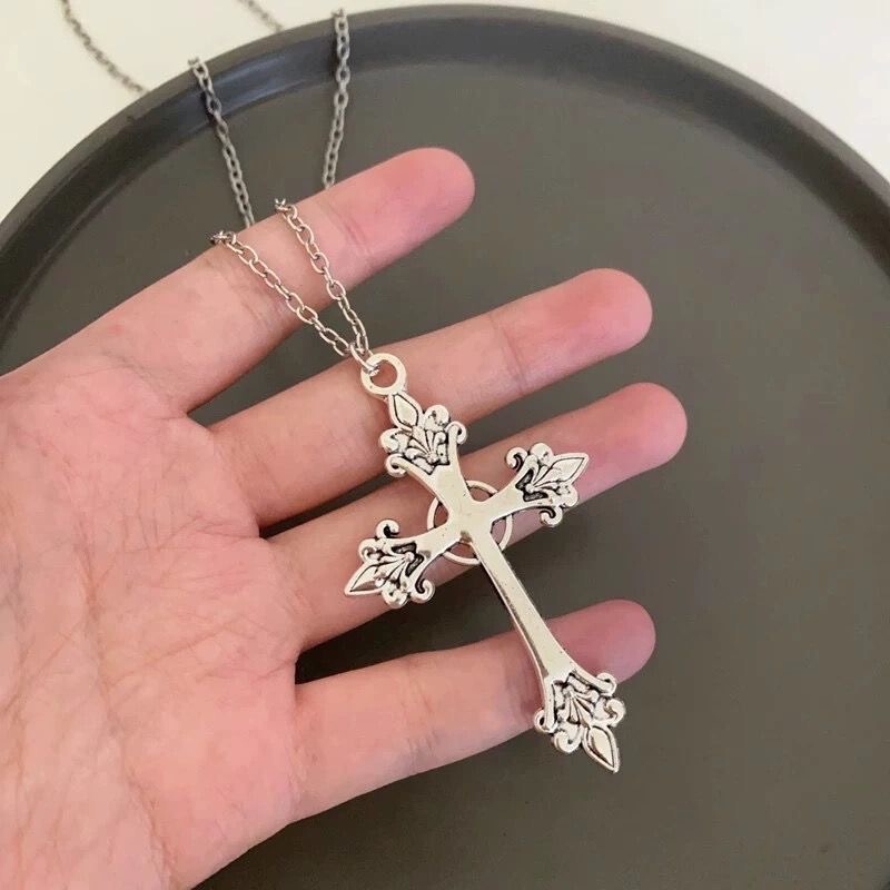 Korean Niche Design Y2K Same Style Silver Large Cross Carved Necklace Women's Long Neck Chain Punk Clavicle Chain