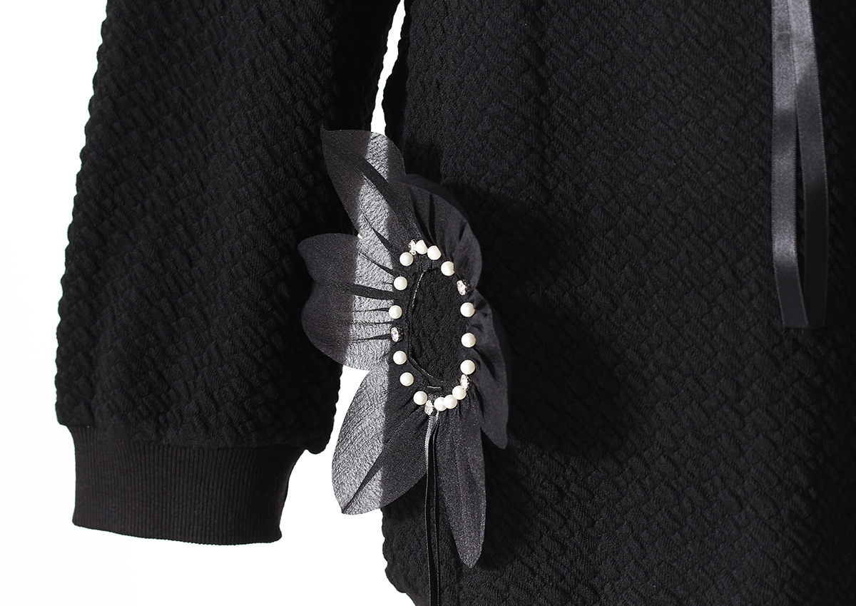 Mid Length Autumn Winter Solid Color Three Dimensional Floral Beaded Loose Outer Wear Sweatshirt