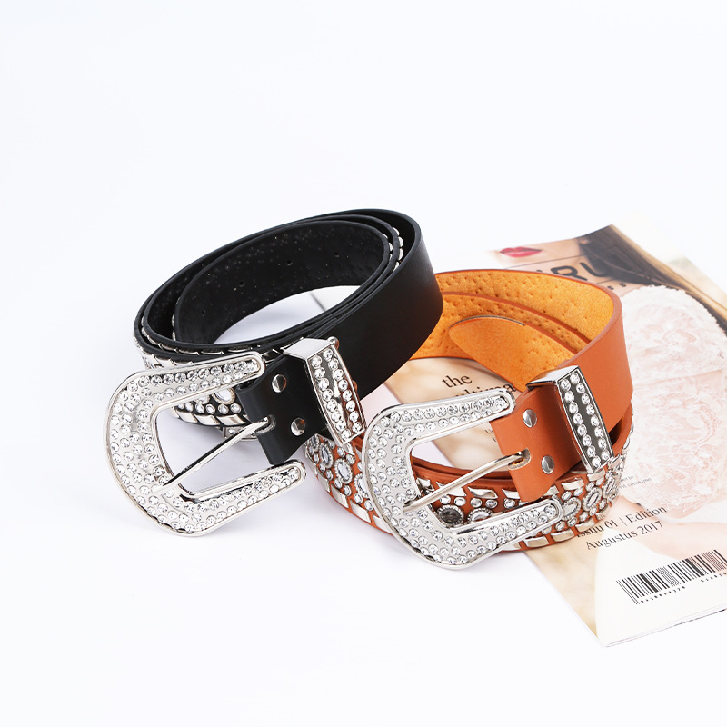 Transfronterizo europeo y americano hombres y mujeres cinturón con agujero de aire jeans moda cinturón remache rhinestone con incrustaciones de cintura ancha
