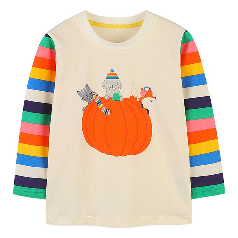 Otoño nueva camiseta de manga larga para niños de estilo europeo y americano, blusa estampada de calabaza de Halloween para niños