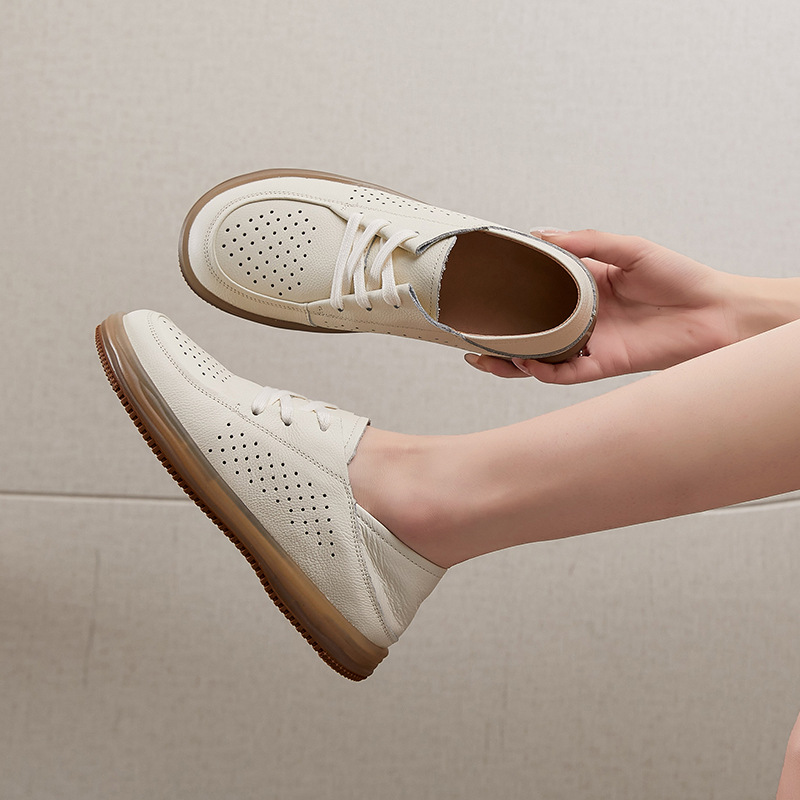 【夏季透气】牛筋底镂空小白鞋女2025新款百搭头层牛皮一脚蹬单鞋