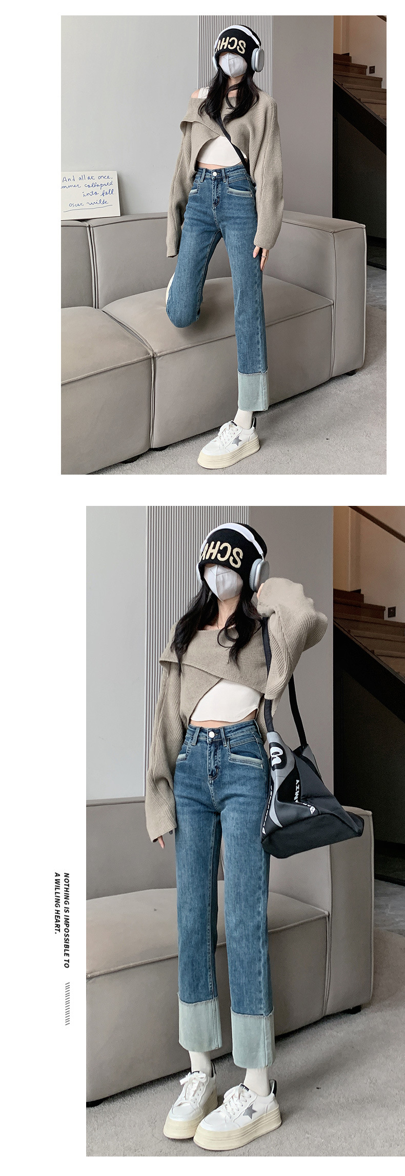 Rolled-up high-waisted straight-leg jeans for women in spring, Korean style, elastic and slimming, making you look petite. Trendy cigarette tube pants pic 11