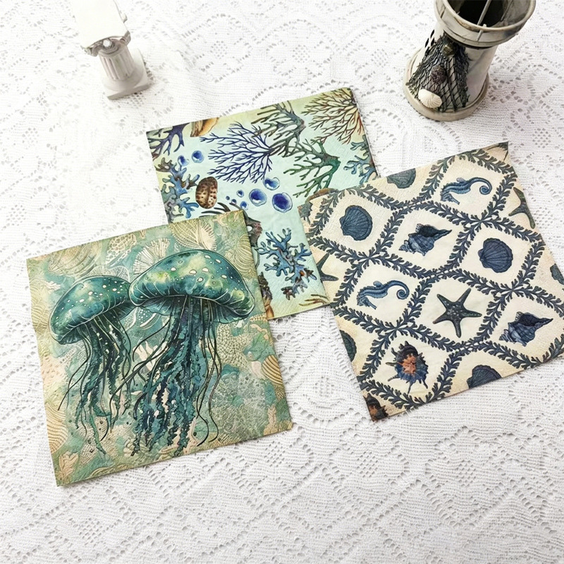 Blue-Green Jellyfish Coral Shell Disposable Paper Towels Cross-Border Island Vacation Seafood Restaurant Table Decoration Paper Towels