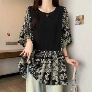 Real Shot of the New Summer Style Fat mm Large Size Design with Diamond Inlaid Chic Printing Loose Slimming Look Short-Sleeved T-Shirt Chiffon Shirt