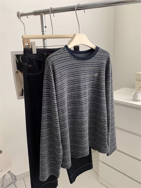 B711型 # (公式写真実費) 特大サイズ 150kg 韓国レトロストライプ Tシャツ レディース ネイビーブルー 刺繍 秋春|undefined