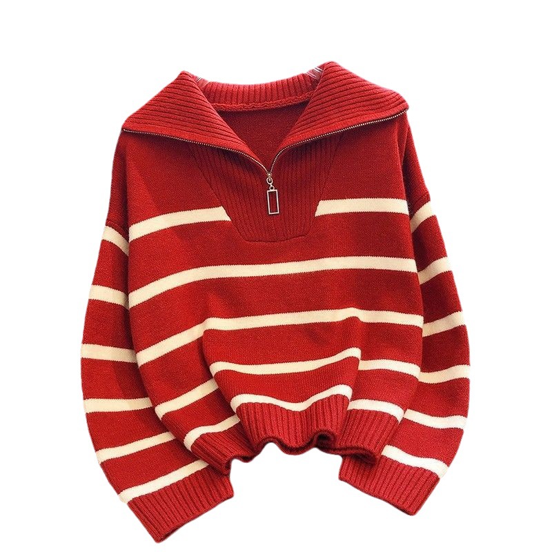2023 otoño e invierno nuevo estilo coreano cuello alto contraste color casual suéter mujer abrigo suelta moda cremallera rayas suéter