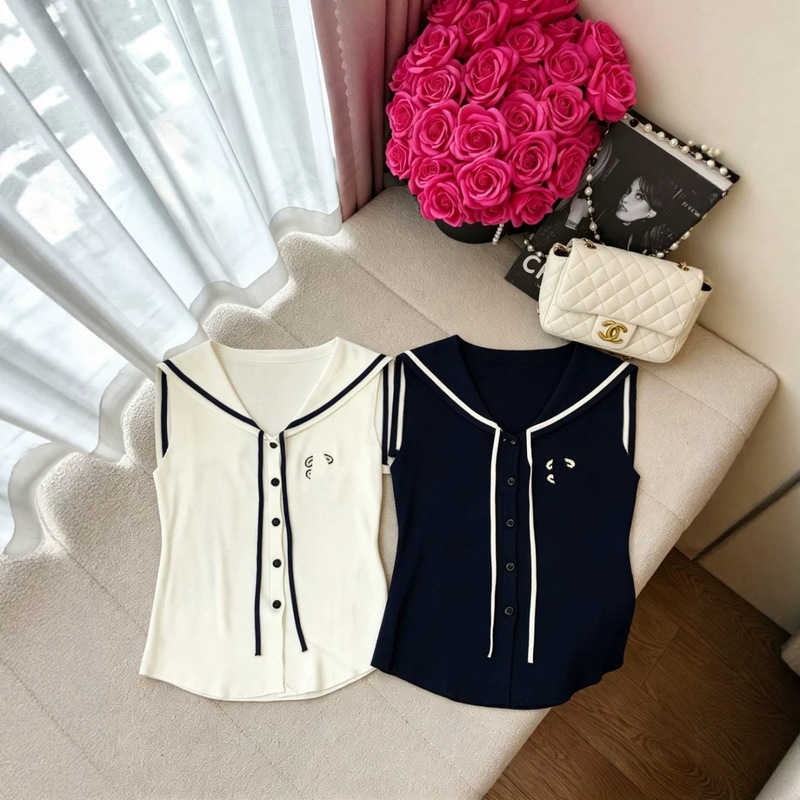 Trendy Brand Knitted Chanel-Style Logo Sailor Collar Sleeveless Slim-Fit Slimming Women's Top, New Summer 2026 Model