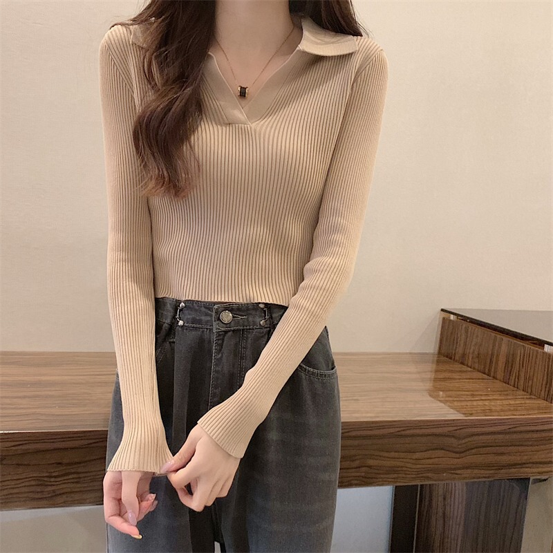 French style polo shirt women's spring/autumn/winter long sleeve shoulder T-shirt women's short slim fit small inner top bottoming shirt