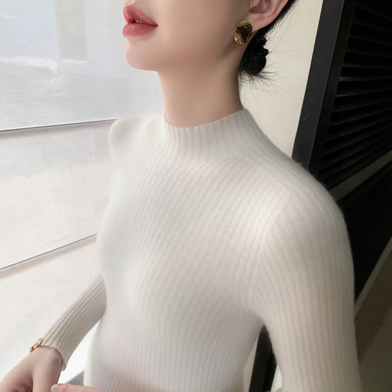 Cross-Border Wholesale Seamless Autumn and Winter Ribbed Half-Turtleneck Women's Long-Sleeve Pullover Knitwear Slim Fit Base Layer