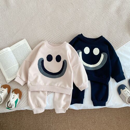 ins Korean style baby suit spring and autumn cartoon male and female baby fashion smiling face rainbow long-sleeved sweatshirt and trousers