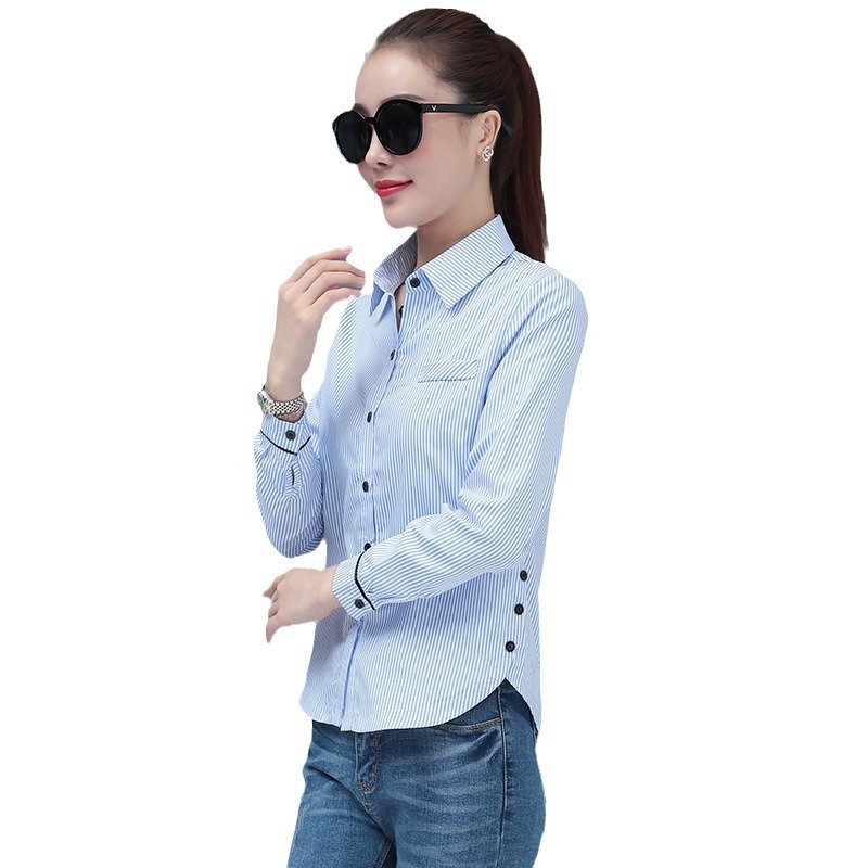 Striped Shirt Women's Long-sleeved Plaid Shirt 2025 Spring New Korean Style Slim-fit plus size Women's Base Shirt Top