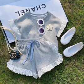 跨境虾皮女童韩版ins夏装短袖短裤套装T恤衣服宝宝洋气运动服中小