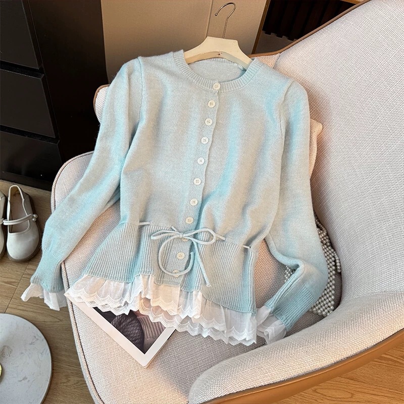 Korean Sweet Contrasting Color Lace Splicing Round Neck Long-Sleeved Knitted Cardigan Winter Waist Tie Single-Breasted Top for Women