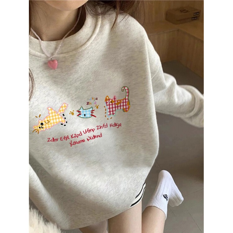 White and Gray Round Neck Pullover Sweatshirt for Women 2025 New Hot Style Cute Korean Style Top Jacket Fleece-Lined Trendy