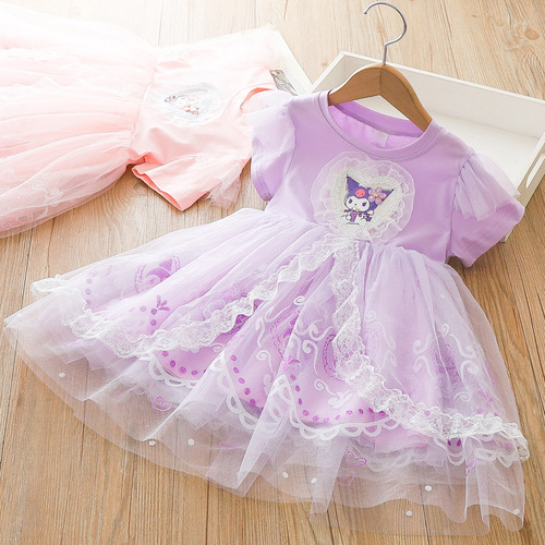 Children's Clothes Girls Kuromi Dress 2024 Summer Short Sleeve Fashionable Lace Princess Dress