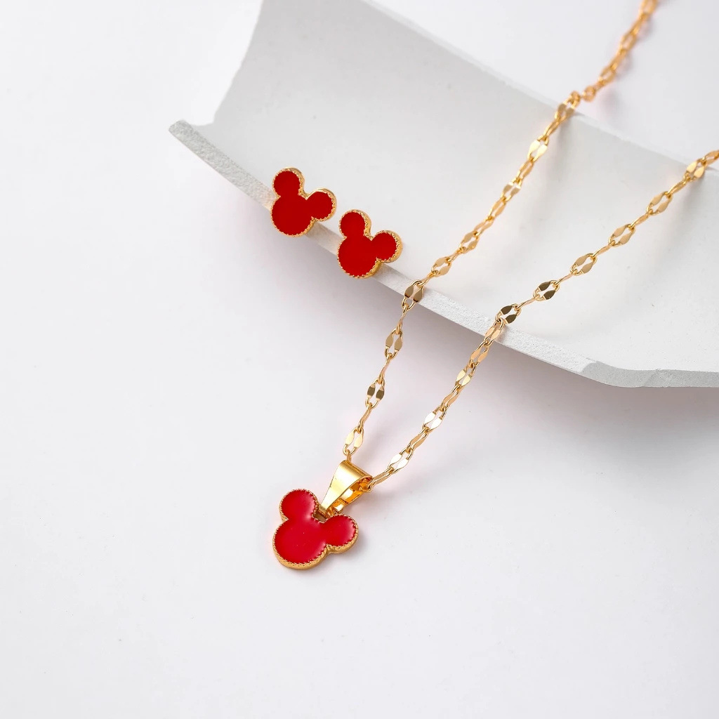 Ventas transfronterizas calientes de pendientes Mickey collar conjunto de joyería cobre chapado en oro goteo de aceite pendientes de Mickey ratón joyería al por mayor