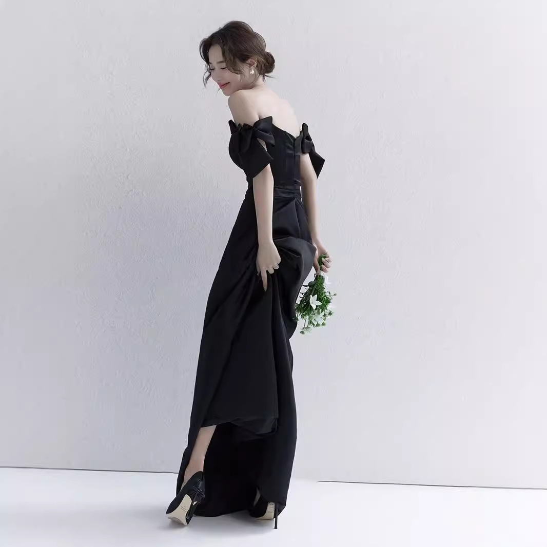 French Light Wedding Black Satin Hepburn Style Studio Theme Couple Photo Bowknot Marriage Registration Small Dress_ecoleips.com