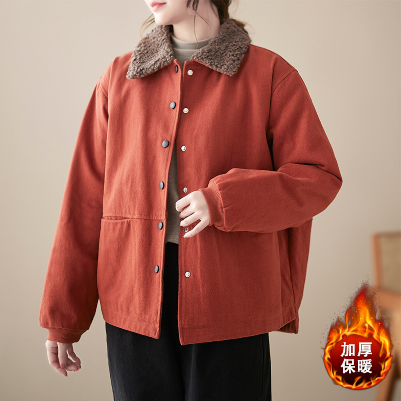 文艺复古棉质纯色棉衣冬季新款加绒加厚保暖短款棉袄外套女装
