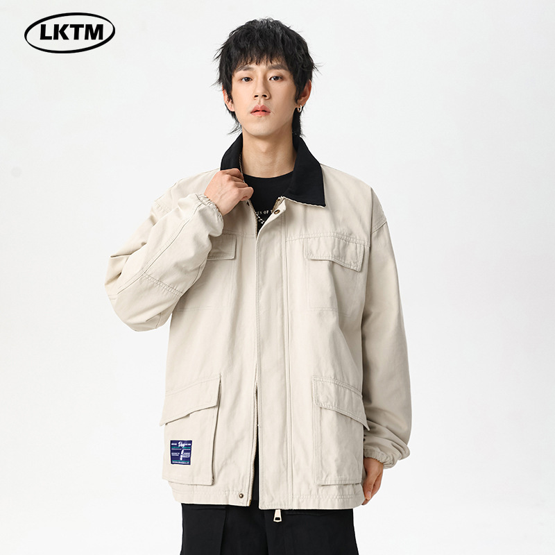 LKTM男装#日系简约水洗翻领夹克男女高级感百搭宽松休闲工装外套