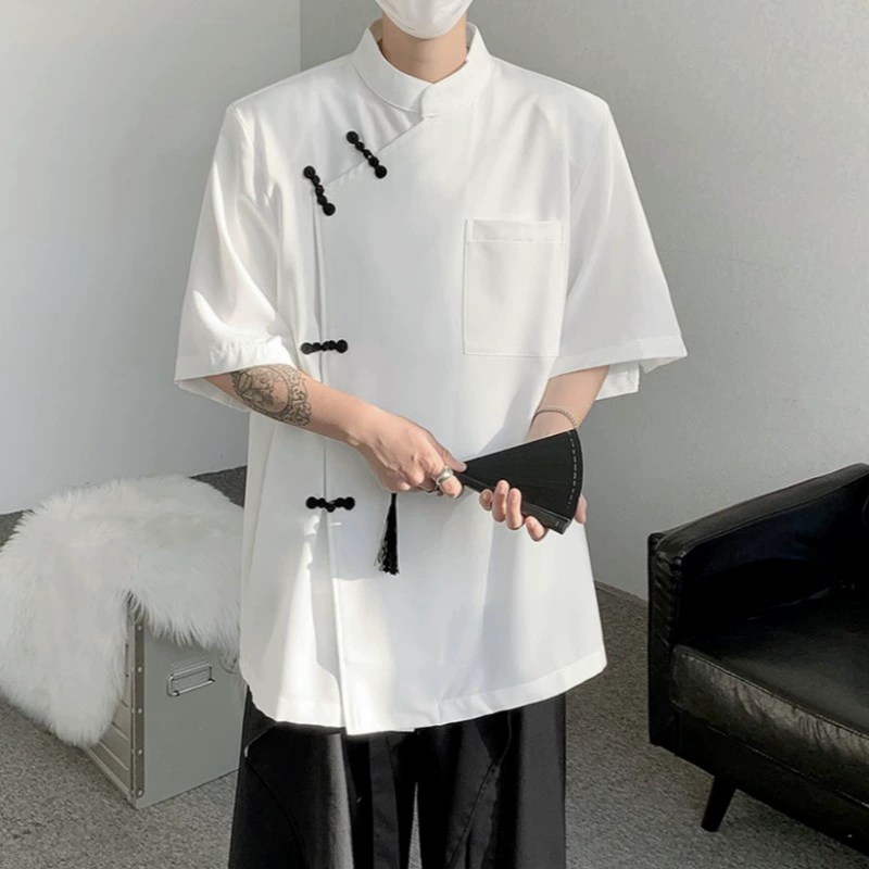 Новая китайская мужская рубашка с короткими рукавами ретро китайский стиль вертикальный воротник наплечник рубашка модный прилив темперамент повседневный топ