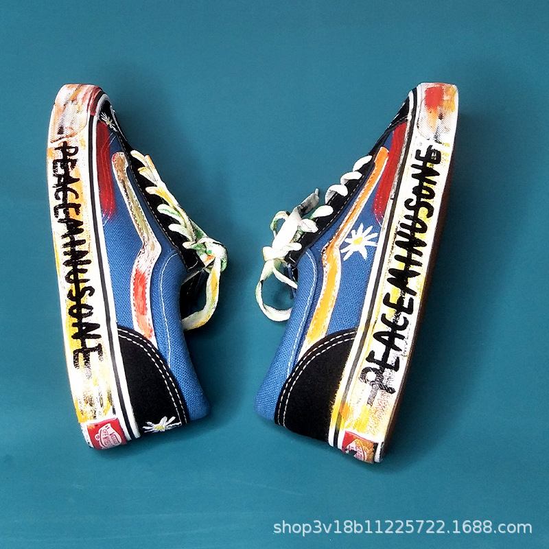 24原创春秋新款蓝色手绘涂鸦学生港做旧男女鞋GD春小雏菊情侣权志