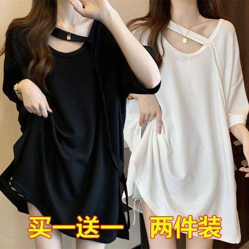 Women's Large Size Loose Slimming Matchable Plain Short Sleeve T-Shirt with Unconventional Design, Mid-Long Length, Summer Top
