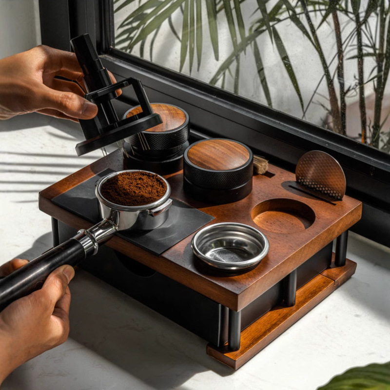 Multi-functional solid wood powder holder storage knock slag box rounded coffee base storage board Sapili wood storage holder