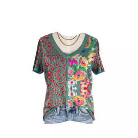 跨境2023独立站wish欧美新款花卉动物绘画印花短袖T恤女上衣