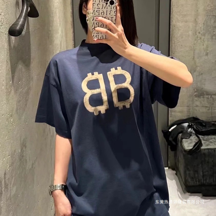 原标巴黎B家小红书网红款BB比特币印花宽松版阔版男女短袖T恤圆领