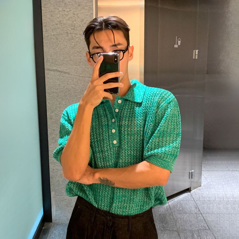MYQ透かし彫り襟ニットtシャツ男性夏のゆるいデザイン感poloシャツ韓国版トレンド大衆半袖