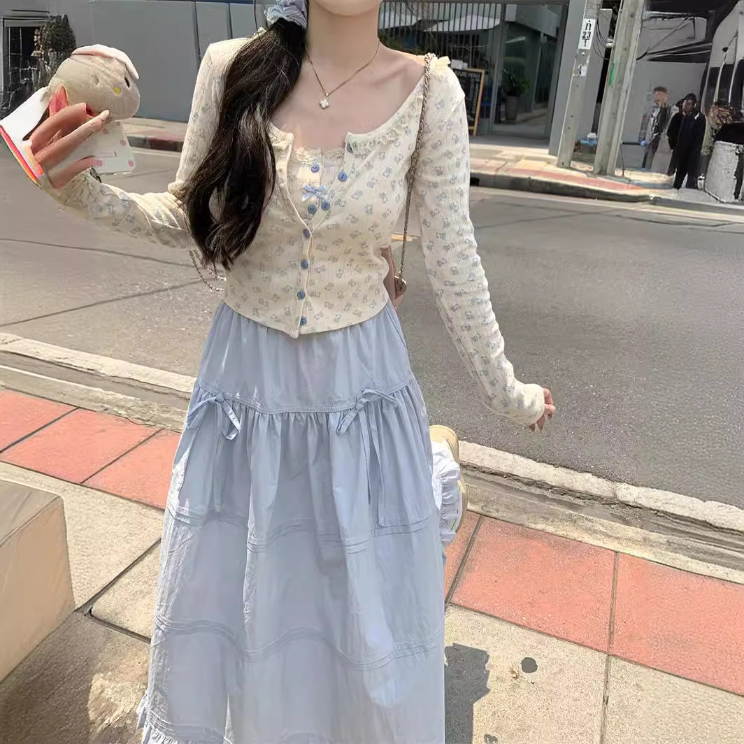 夏季2024新款小甜熊吊带开衫纯欲温柔碎花蕾丝背心春上衣三件套女