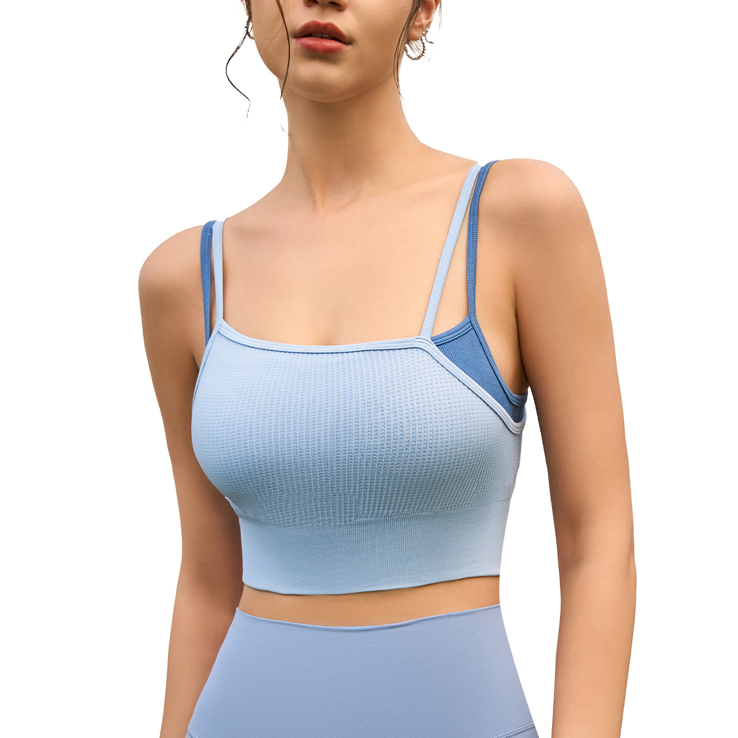 夏の新スタイル 2in1 自己完結型カップフェイクツーピースコントラストカラーテクスチャー屋外で着用可能ヨガバック下着アウターベスト