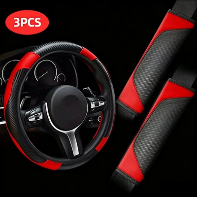 Steering wheel cover: pattern leather, universal for all seasons - red-three-piece-set-38cm
