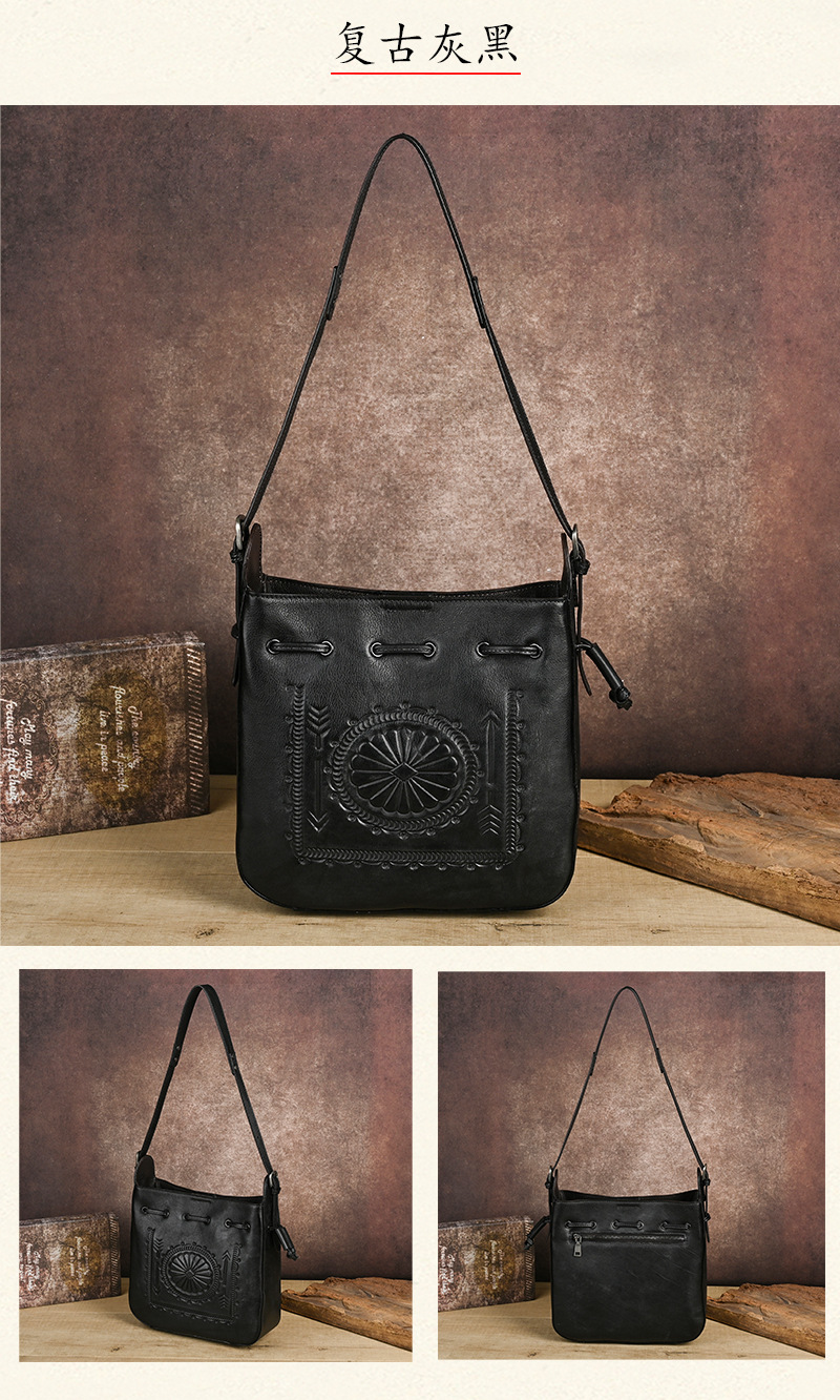 Túi tote da bò cổ điển phong cách vintage, đáy rộng, dung tích lớn, quai đeo vai — Màu xanh lá cây chi tiết 19