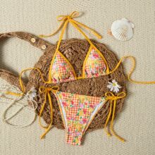 跨境印花分体泳衣女性比基尼纯欲紧身聚拢V高级运动款露背沙滩